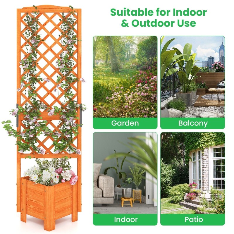 Oranssi korkea puutarhapenkki säleiköllä ja istutuslaatikolla