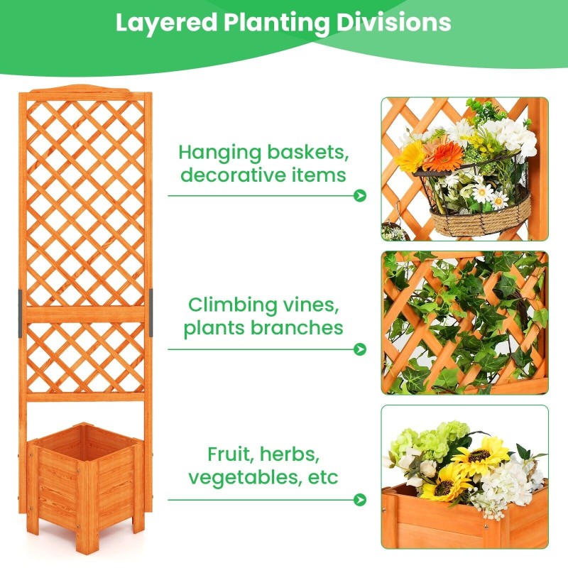 Oranssi korkea puutarhapenkki säleiköllä ja istutuslaatikolla