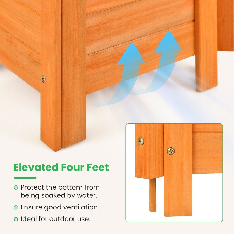 Oranssi korkea puutarhapenkki säleiköllä ja istutuslaatikolla