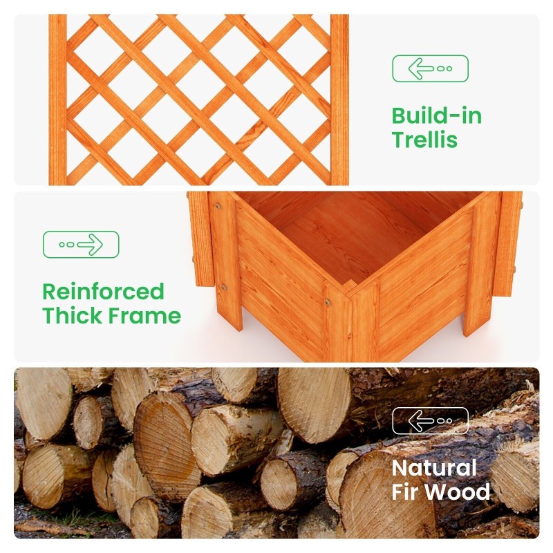 Oranssi korkea puutarhapenkki säleiköllä ja istutuslaatikolla