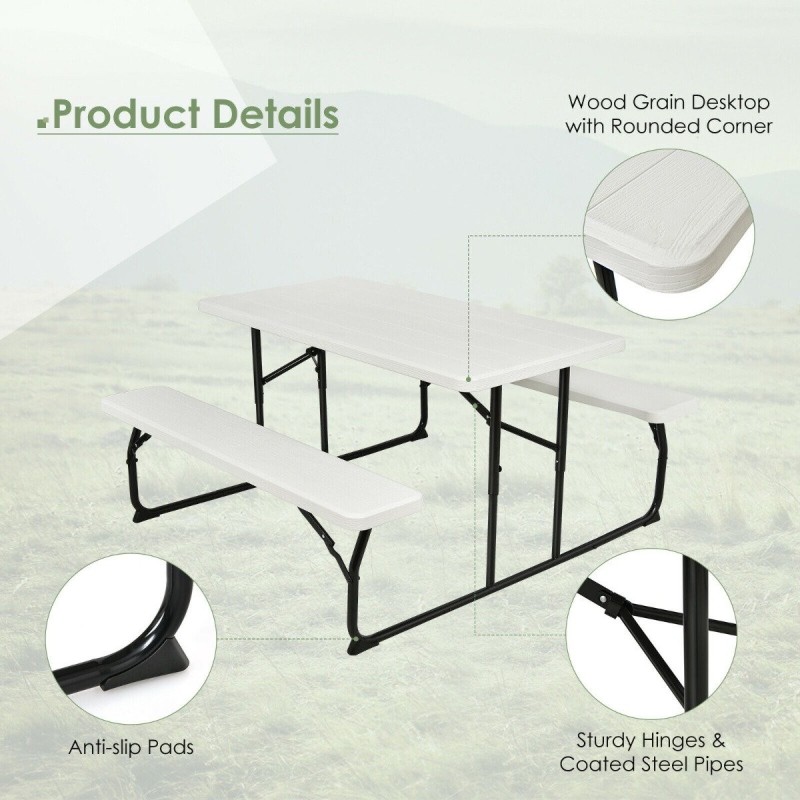 Taitettava valkoinen piknikpöytäsetti ulkoiluun ja perhekäyttöön