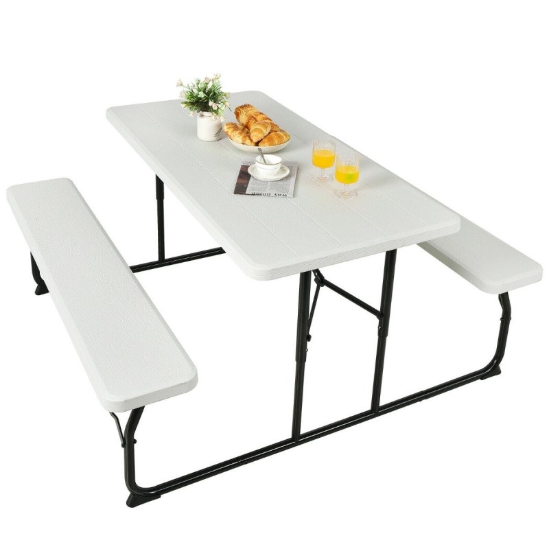 Taitettava valkoinen piknikpöytäsetti ulkoiluun ja perhekäyttöön