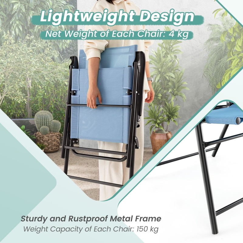 Setti 2 sinistä taitettavaa puutarhatuolia käsinojilla