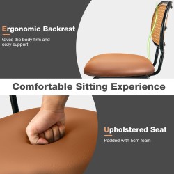 Kaksi ruskeaa PU-nahkaista baarijakkaraa rottinkiselkänojalla