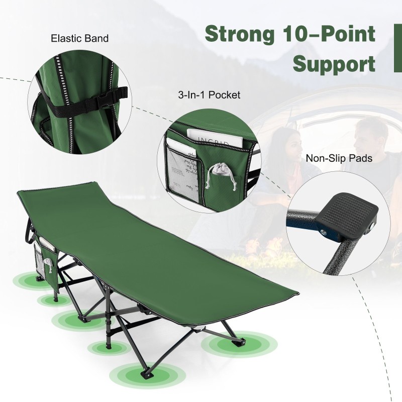 Taitettava raskaan käytön retkisänky 3-in-1 taskulla - vihreä