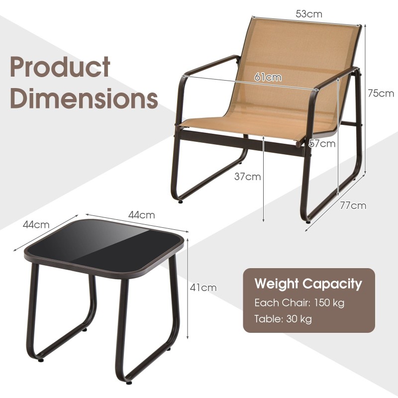 Kolmiosainen ruskea terassisetti metallituoleilla ja pöydällä