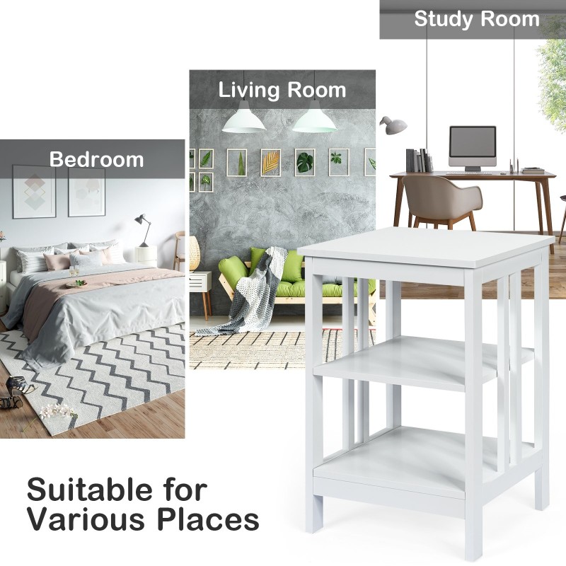 Kolmitasoinen valkoinen yöpöytä olohuoneeseen ja makuuhuoneeseen