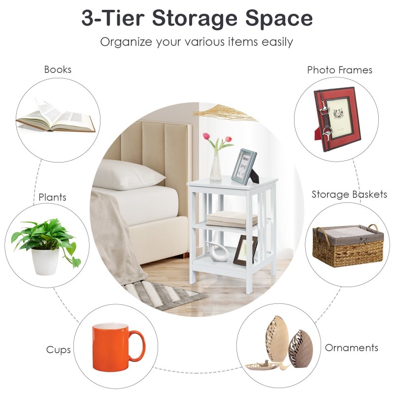 Kolmitasoinen valkoinen yöpöytä olohuoneeseen ja makuuhuoneeseen