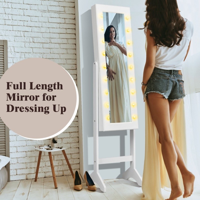 Valkoinen korukaappi säädettävällä peilillä ja 18 LED-valolla