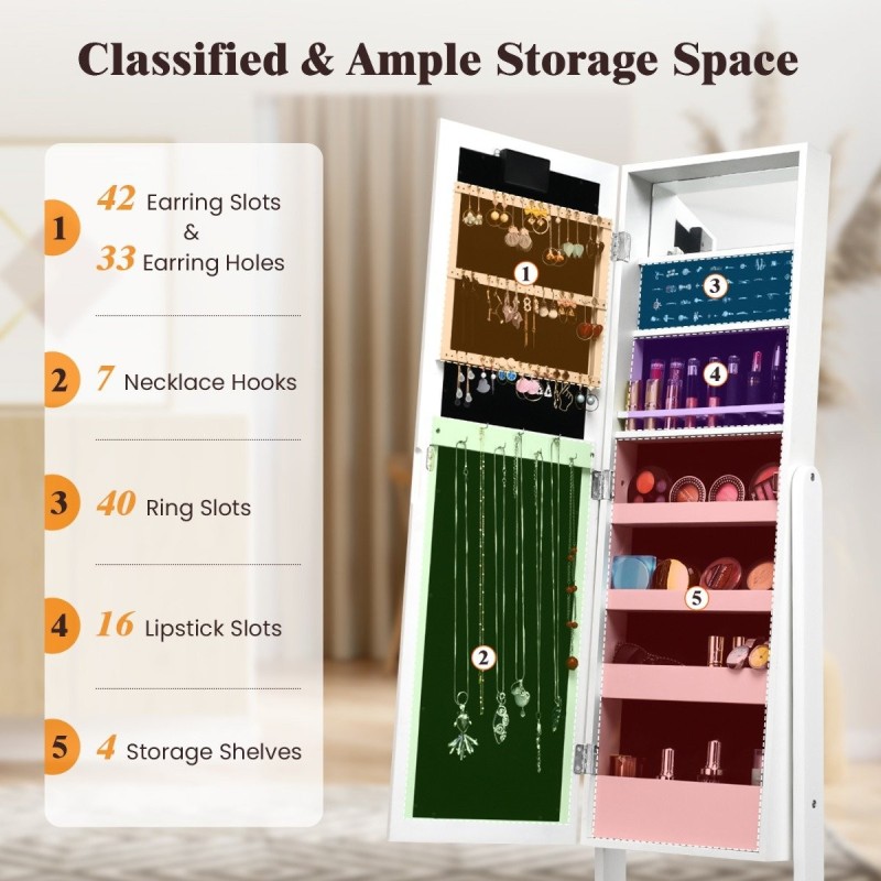 Valkoinen korukaappi säädettävällä peilillä ja 18 LED-valolla