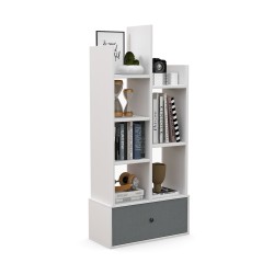 Valkoinen 7tasoinen puukirjahylly taitettavalla laatikolla