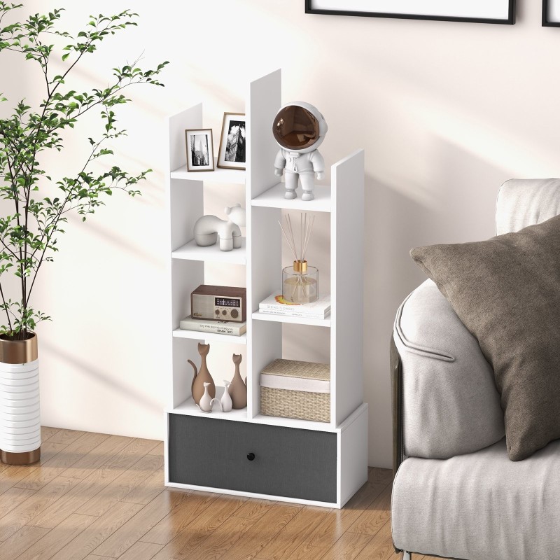 Valkoinen 7-tasoinen puukirjahylly taitettavalla laatikolla