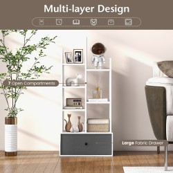 Valkoinen 7-tasoinen puukirjahylly taitettavalla laatikolla