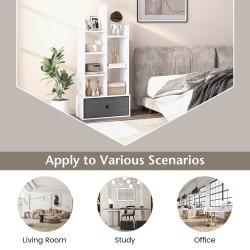 Valkoinen 7-tasoinen puukirjahylly taitettavalla laatikolla