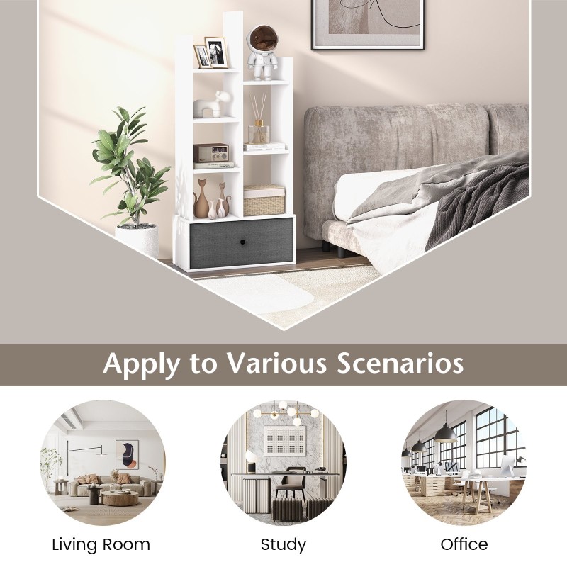 Valkoinen 7-tasoinen puukirjahylly taitettavalla laatikolla