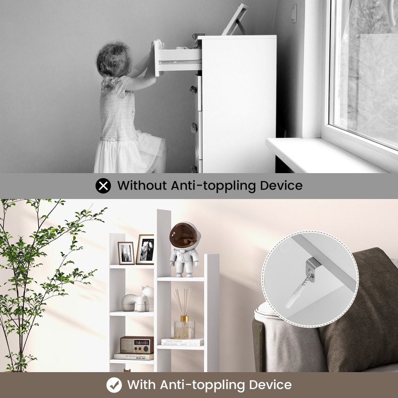 Valkoinen 7-tasoinen puukirjahylly taitettavalla laatikolla