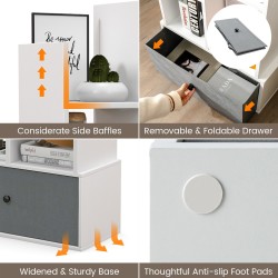 Valkoinen 7-tasoinen puukirjahylly taitettavalla laatikolla