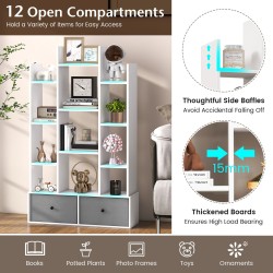 Valkoinen 12-tasoinen puinen kirjahylly taitettavalla laatikolla