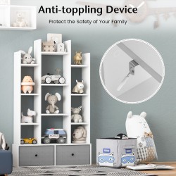 Valkoinen 12-tasoinen puinen kirjahylly taitettavalla laatikolla