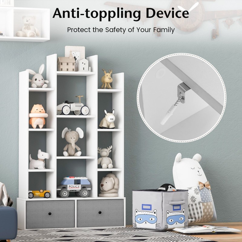 Valkoinen 12-tasoinen puinen kirjahylly taitettavalla laatikolla