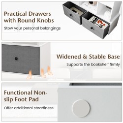 Valkoinen 12-tasoinen puinen kirjahylly taitettavalla laatikolla