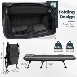 Taitettava harmaa retkisänky irrotettavalla patjalla ulkokäyttöön