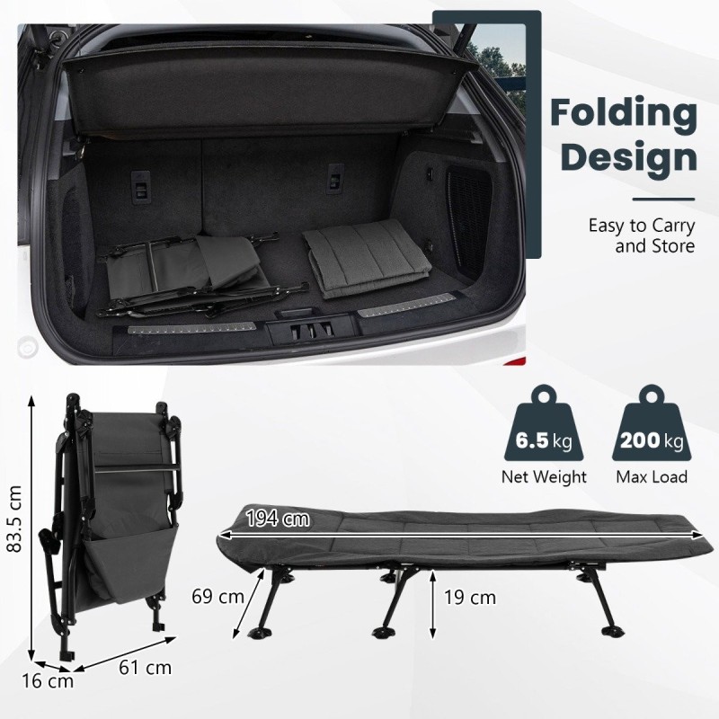 Taitettava harmaa retkisänky irrotettavalla patjalla ulkokäyttöön