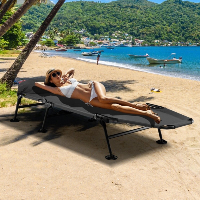 Taitettava harmaa retkisänky irrotettavalla patjalla ulkokäyttöön