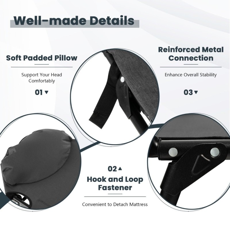 Taitettava harmaa retkisänky irrotettavalla patjalla ulkokäyttöön