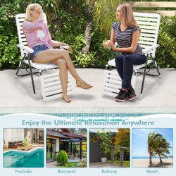 Valkoinen säädettävä terassituoli jalkatuella ja taittomekanismilla