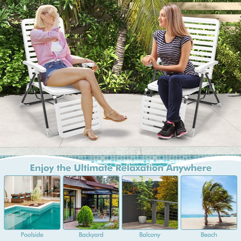 Valkoinen säädettävä terassituoli jalkatuella ja taittomekanismilla