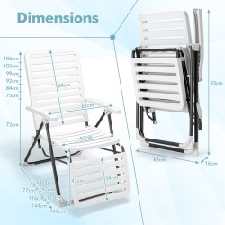 Valkoinen säädettävä terassituoli jalkatuella ja taittomekanismilla