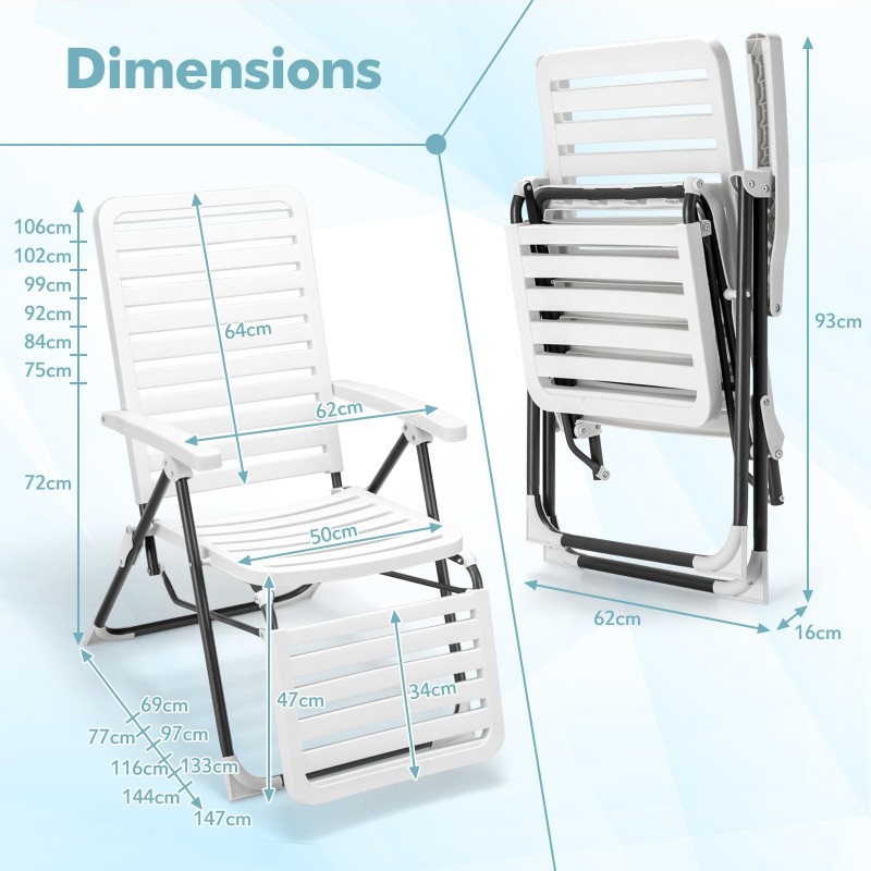 Valkoinen säädettävä terassituoli jalkatuella ja taittomekanismilla