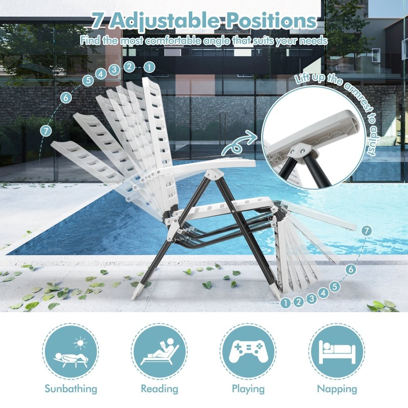 Valkoinen säädettävä terassituoli jalkatuella ja taittomekanismilla