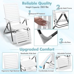 Valkoinen säädettävä terassituoli jalkatuella ja taittomekanismilla