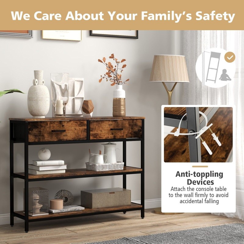 Rustiikkinen ruskea konsolipöytä kahdella laatikolla ja hyllyillä