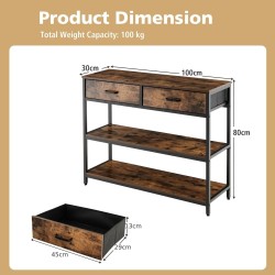 Rustiikkinen ruskea konsolipöytä kahdella laatikolla ja hyllyillä