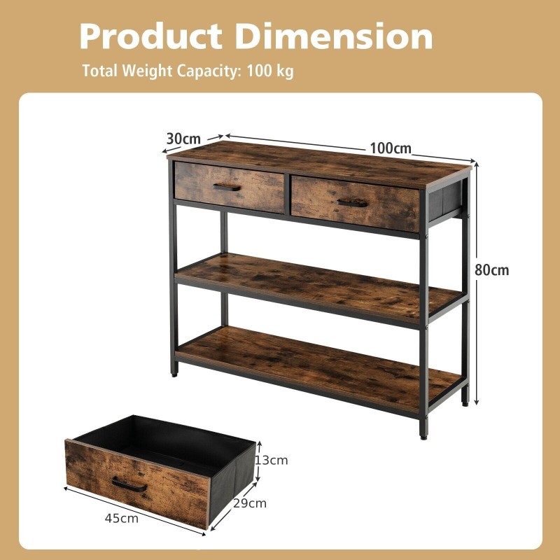 Rustiikkinen ruskea konsolipöytä kahdella laatikolla ja hyllyillä