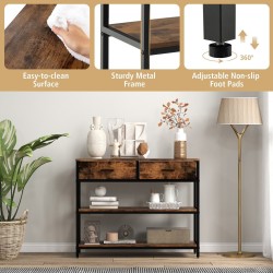 Rustiikkinen ruskea konsolipöytä kahdella laatikolla ja hyllyillä