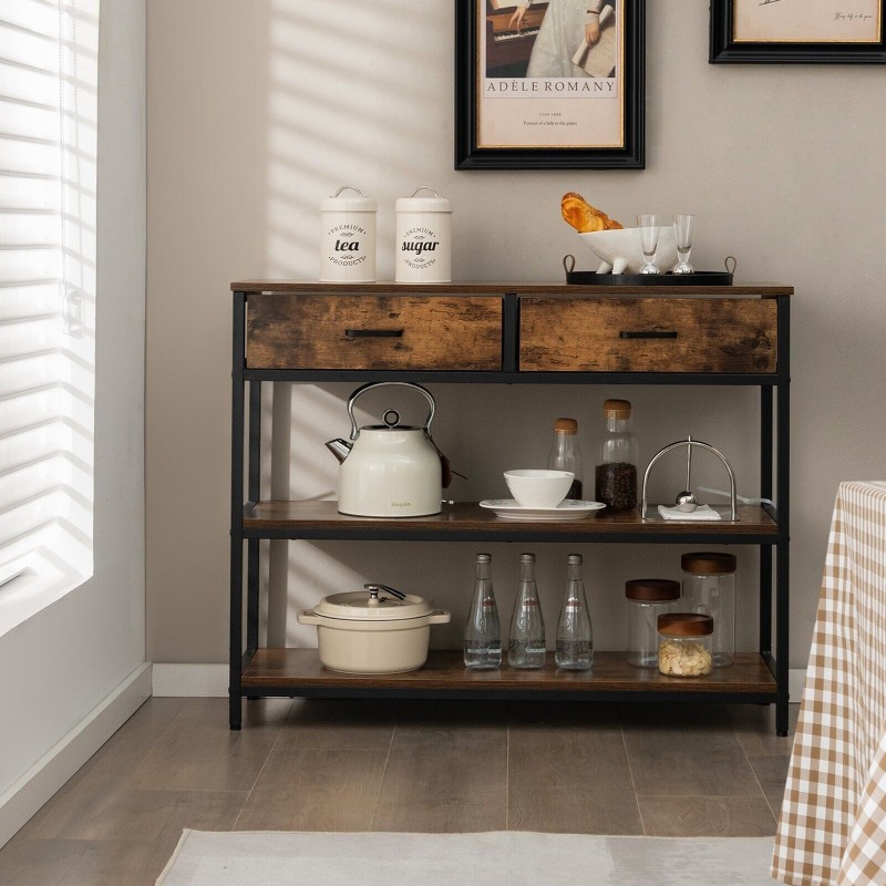 Rustiikkinen ruskea konsolipöytä kahdella laatikolla ja hyllyillä