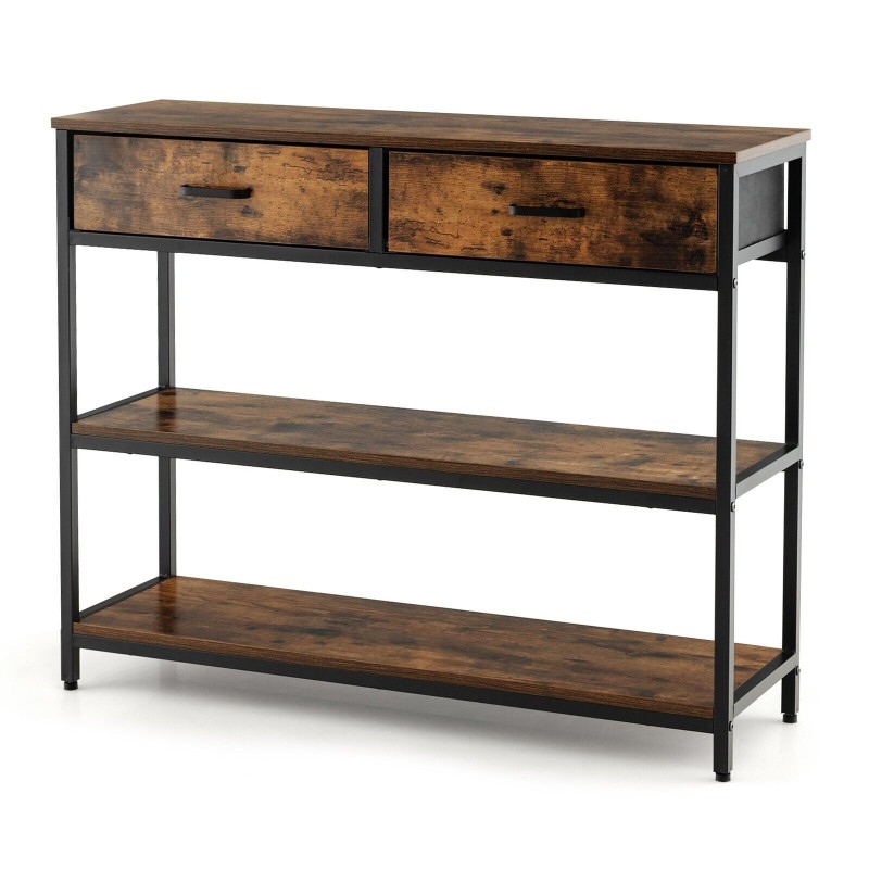 Rustiikkinen ruskea konsolipöytä kahdella laatikolla ja hyllyillä
