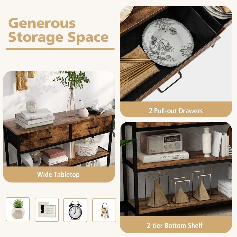 Rustiikkinen ruskea konsolipöytä kahdella laatikolla ja hyllyillä