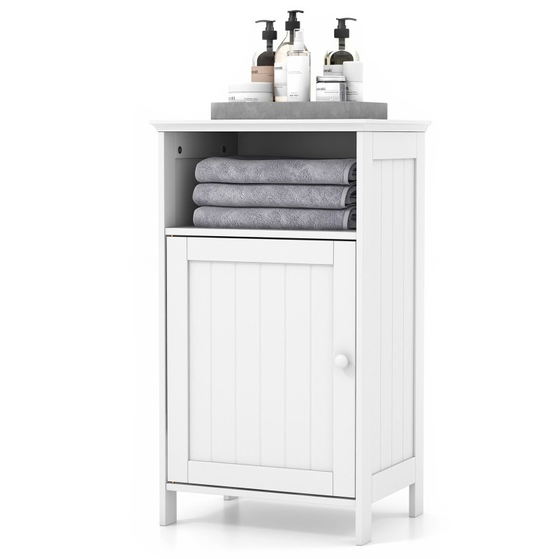 Valkoinen kylpyhuoneen lattiakaappi säädettävällä hyllyllä