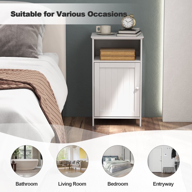 Valkoinen kylpyhuoneen lattiakaappi säädettävällä hyllyllä