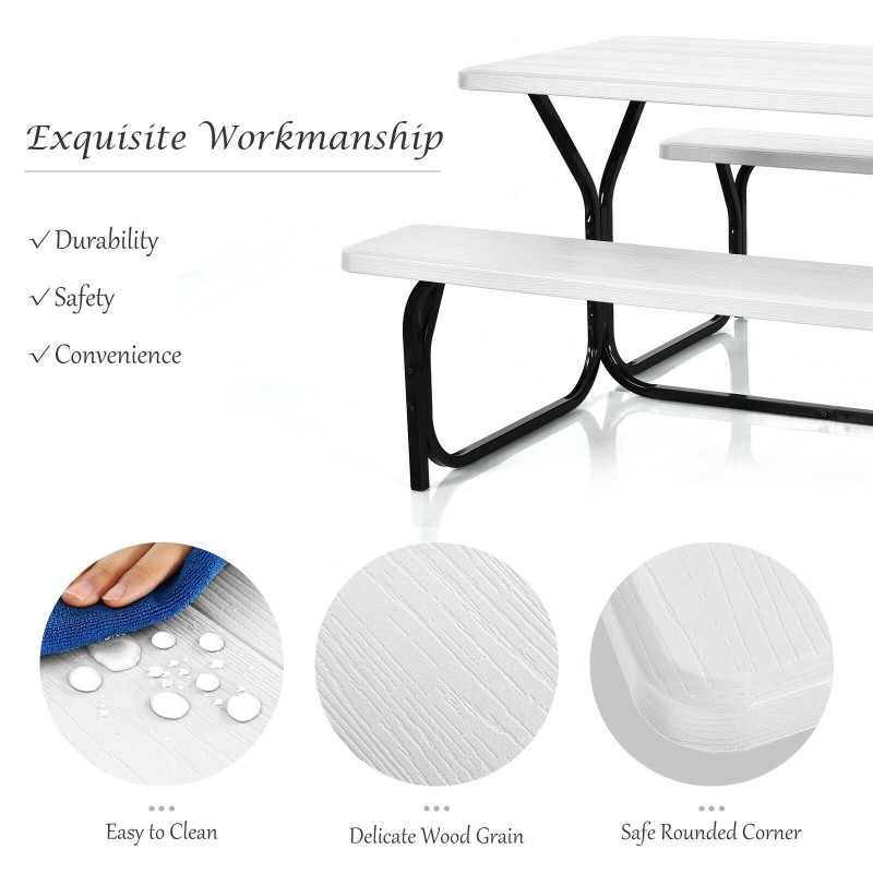 Valkoinen säänkestävä piknikpöytäsetti metallirungolla ulkokäyttöön