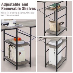 L-muotoinen harmaa työpöytä säilytyshyllyillä ja kaapelinhallinnalla