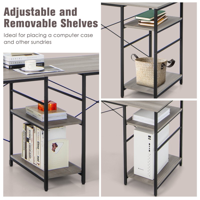 L-muotoinen harmaa työpöytä säilytyshyllyillä ja kaapelinhallinnalla