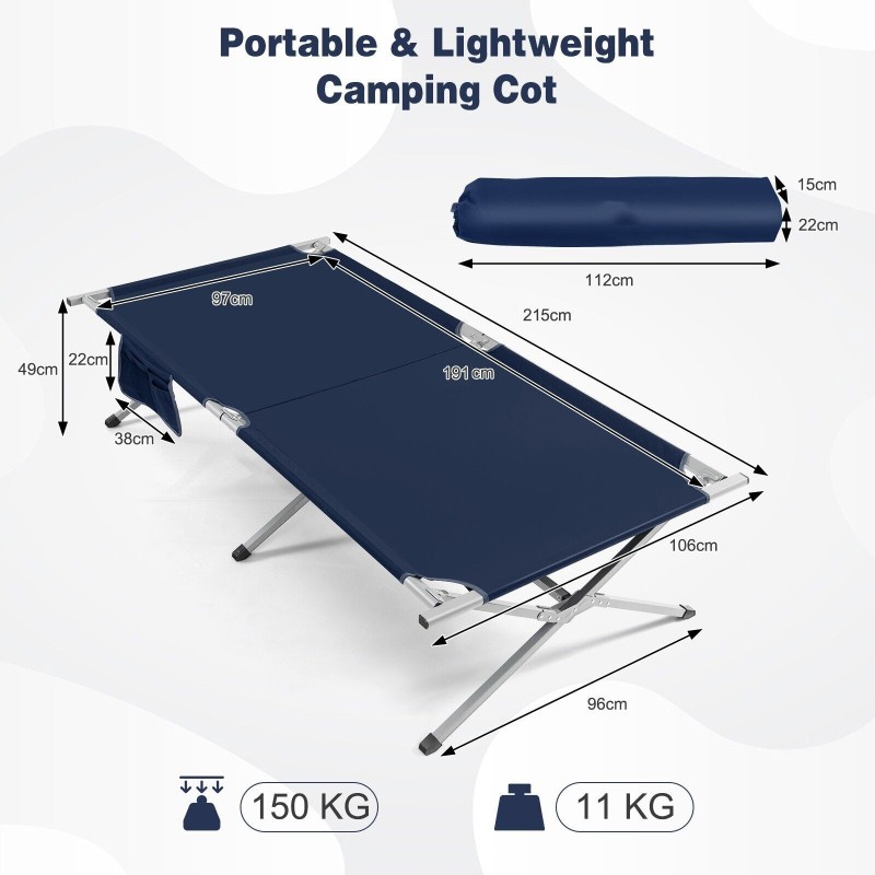 Sininen kokoontaitettava retkisänky 214,5x106 cm kantolaukulla