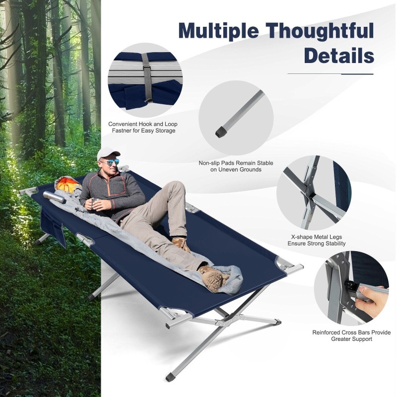 Sininen kokoontaitettava retkisänky 214,5x106 cm kantolaukulla