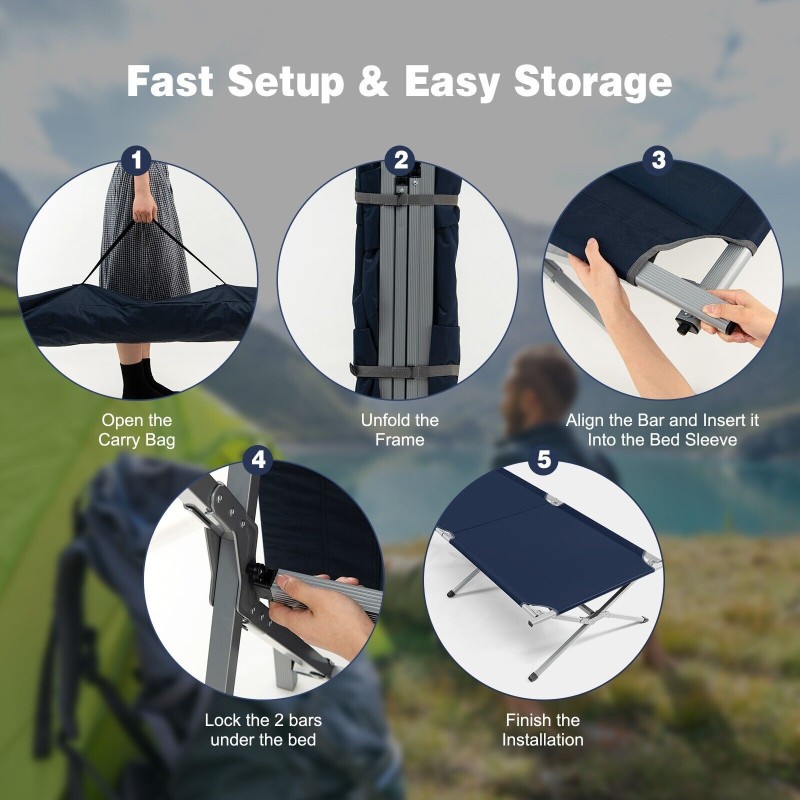 Sininen kokoontaitettava retkisänky 214,5x106 cm kantolaukulla